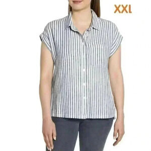 NWT Orvis Button Up Shirt Womens XXL Blue White Striped Cotton Blend Casual